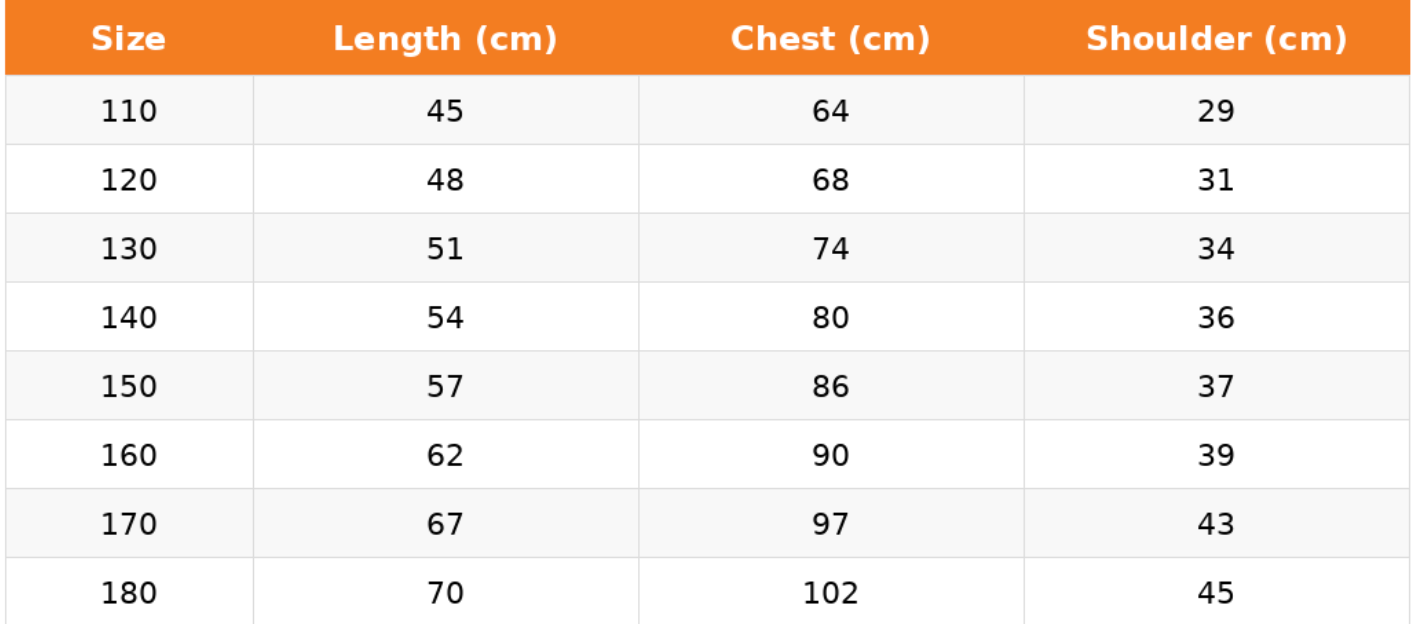LIUMI Kids Premium Polo Shirt size guide — length, chest and shoulder measurements in cm for sizes 110 to 180