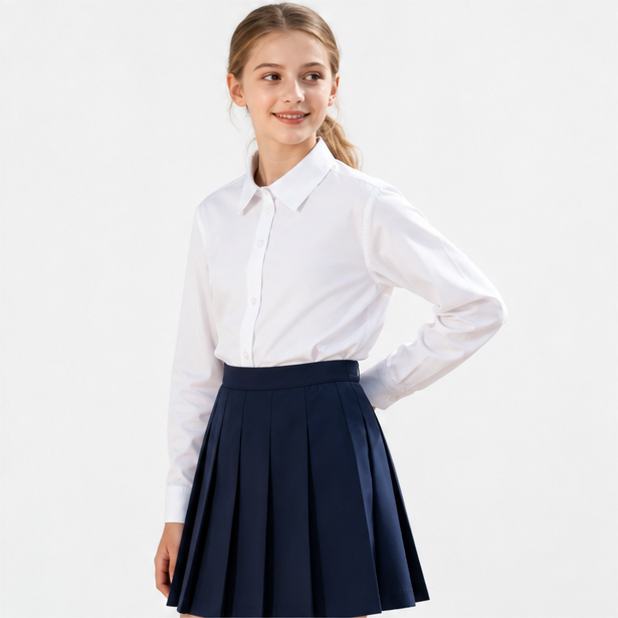 Girl wearing the LIUMI Kids Premium White Long Sleeve School Shirt, front view, styled with a navy pleated school skirt