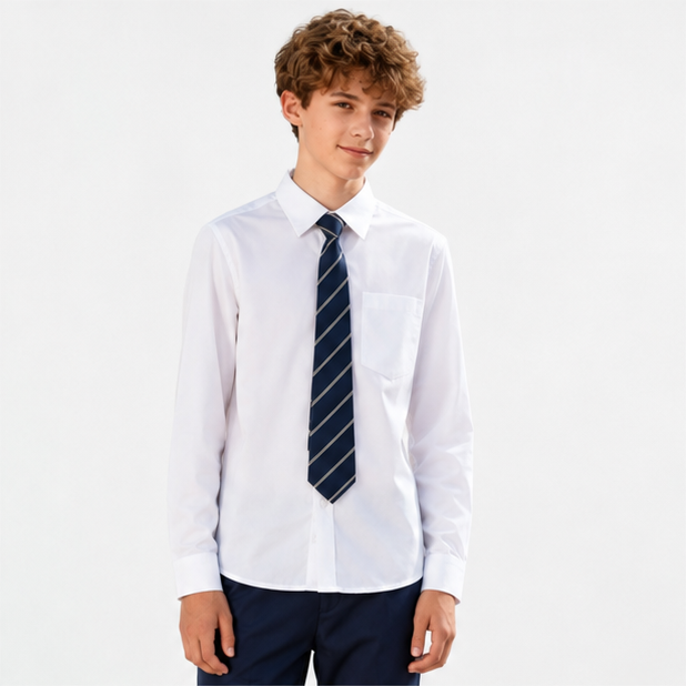 Boy wearing the LIUMI Kids Premium White Long Sleeve School Shirt, front view, styled with a navy school tie (tie not included)