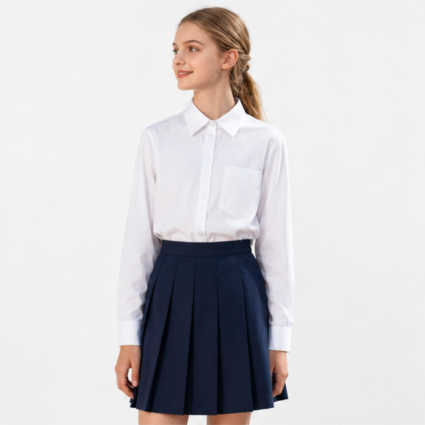 Girl wearing the LIUMI Kids Premium White Long Sleeve School Shirt, three-quarter view, styled with a navy pleated school skirt