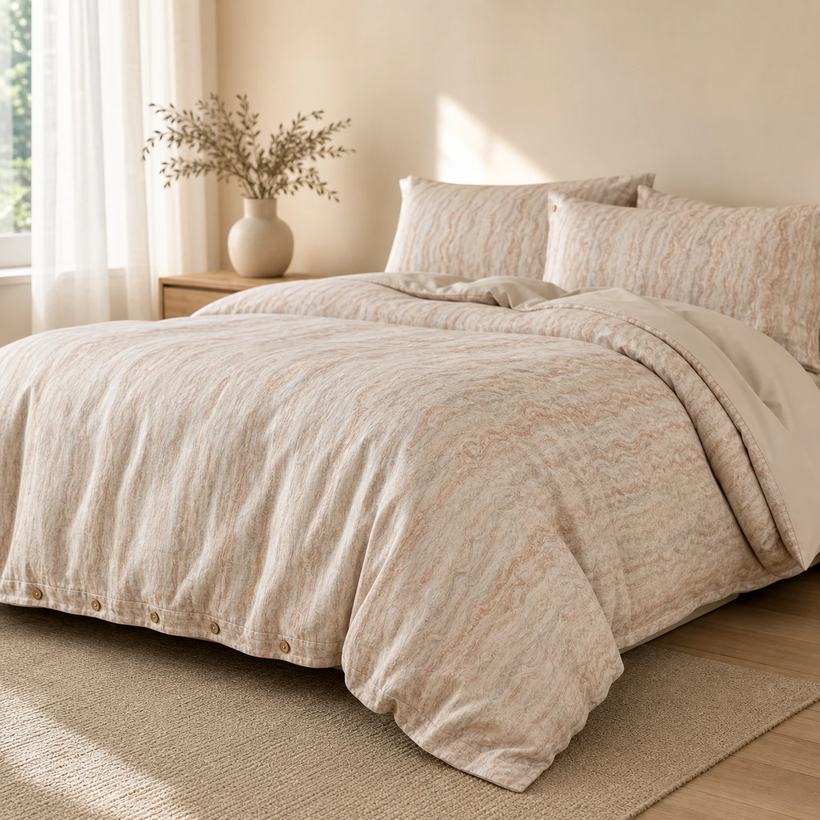 Alabaster marbled cotton duvet set with matching pillow shams, angled bedroom view