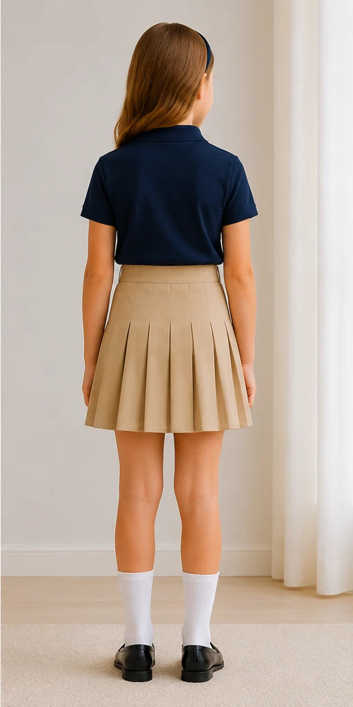 LIUMI Kids Premium Pleated School Skirt in Beige — back view, worn with a navy school polo