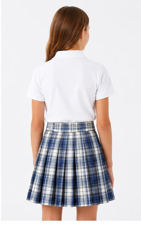 LIUMI Teens Premium Girls Pleated School Skirt in Blue Check — back view, worn with a white school polo