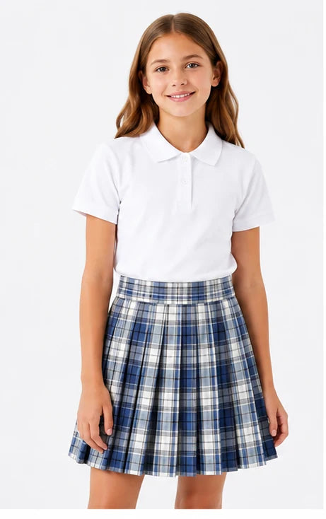 LIUMI Teens Premium Girls Pleated School Skirt in Blue Check — front view, worn with a white school polo
