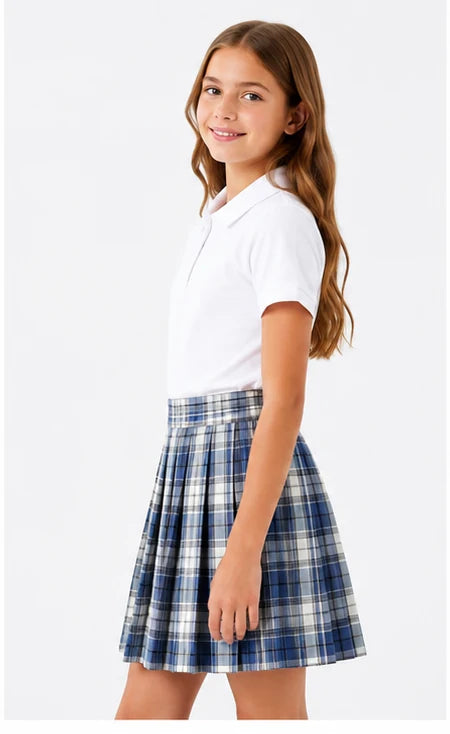 LIUMI Teens Premium Girls Pleated School Skirt in Blue Check — side view, worn with a white school polo