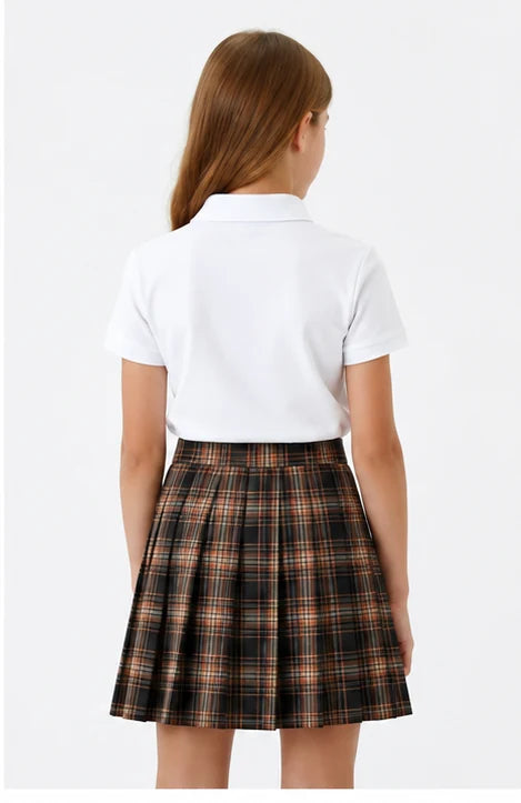 LIUMI Teens Premium Girls Pleated School Skirt in Brown Check — back view, worn with a white school polo