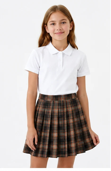 LIUMI Teens Premium Girls Pleated School Skirt in Brown Check — front view, worn with a white school polo