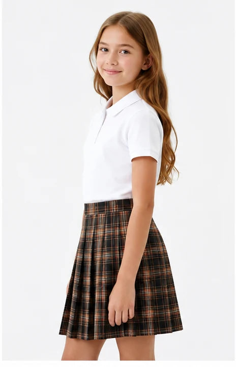 LIUMI Teens Premium Girls Pleated School Skirt in Brown Check — side view, worn with a white school polo