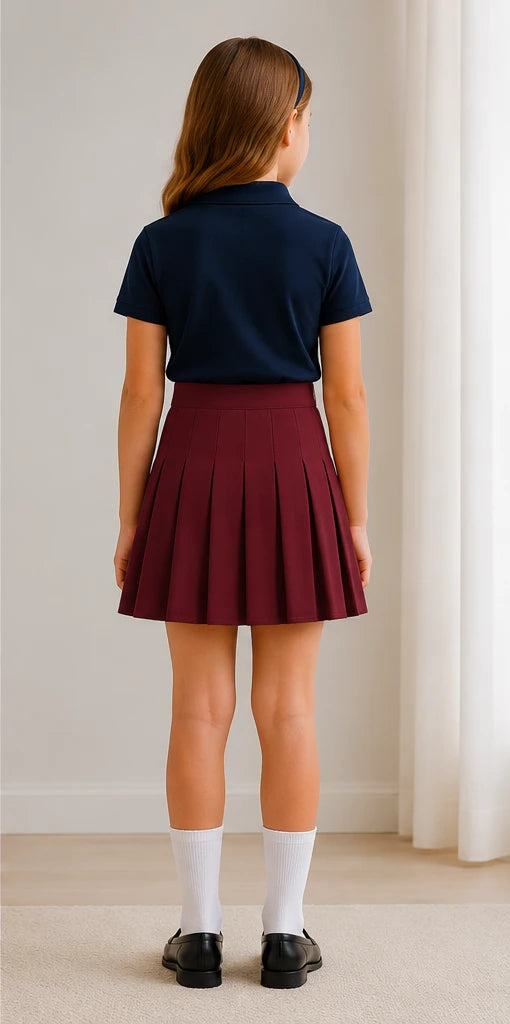 LIUMI Kids Premium Pleated School Skirt in Burgundy — back view, worn with a navy school polo