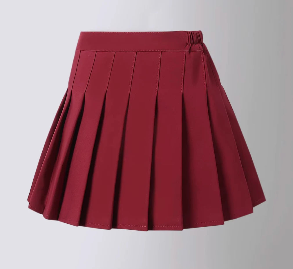 LIUMI Kids Premium Pleated School Skirt in Burgundy — flat-lay product view
