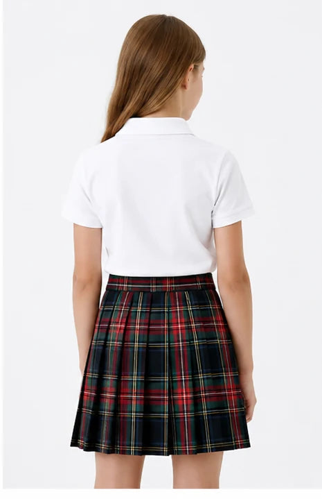 LIUMI Teens Premium Girls Pleated School Skirt in Forest Tartan — back view, worn with a white school polo