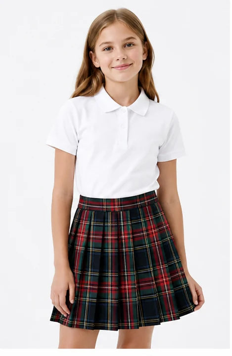 LIUMI Teens Premium Girls Pleated School Skirt in Forest Tartan — front view, worn with a white school polo