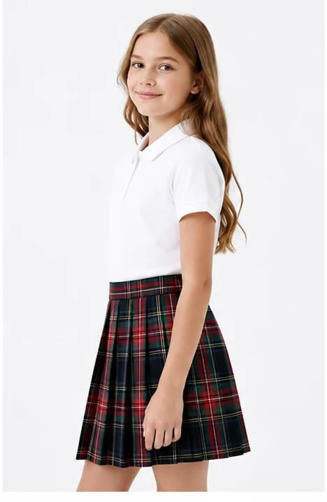 LIUMI Teens Premium Girls Pleated School Skirt in Forest Tartan — side view, worn with a white school polo