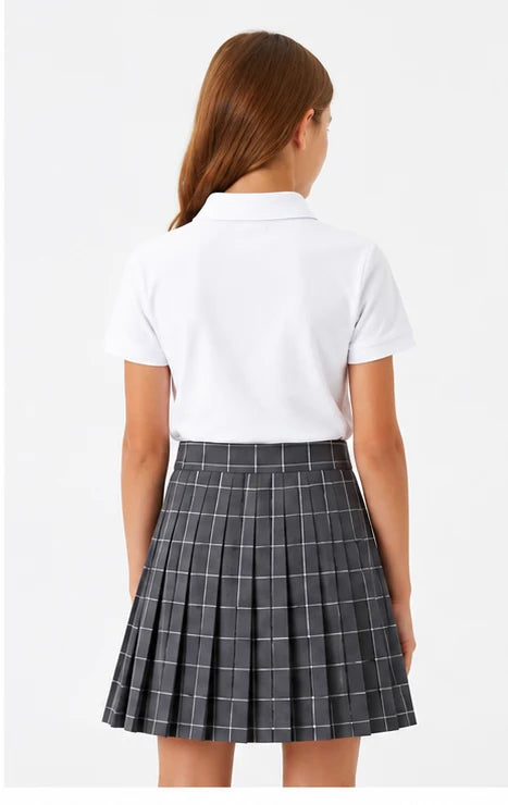 LIUMI Teens Premium Girls Pleated School Skirt in Grey Windowpane — back view, worn with a white school polo