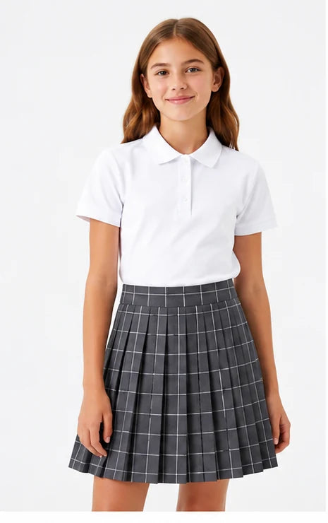 LIUMI Teens Premium Girls Pleated School Skirt in Grey Windowpane — front view, worn with a white school polo