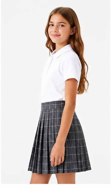 LIUMI Teens Premium Girls Pleated School Skirt in Grey Windowpane — side view, worn with a white school polo