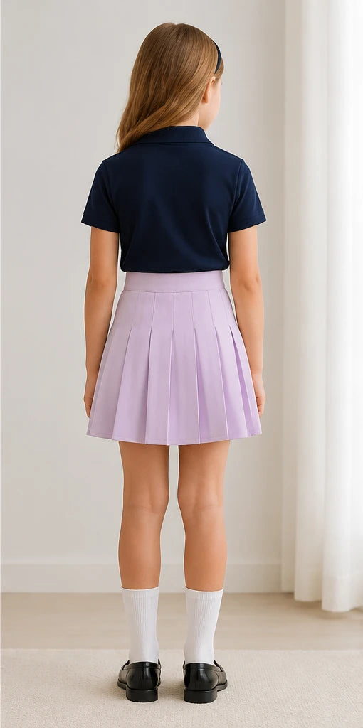 LIUMI Kids Premium Pleated School Skirt in Lilac — back view, worn with a navy school polo