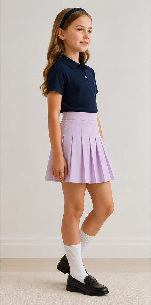 LIUMI Kids Premium Pleated School Skirt in Lilac — side view, worn with a navy school polo