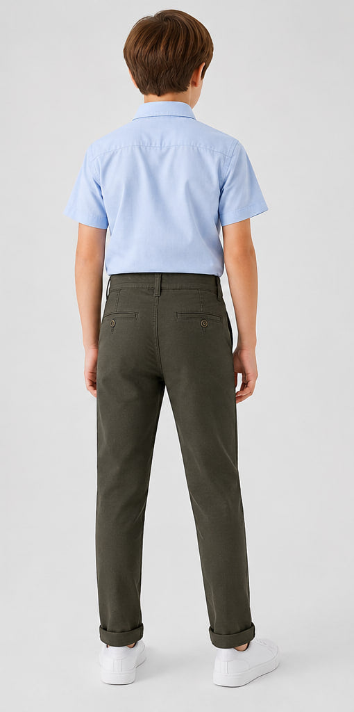 LIUMI Boys Classic Cotton Chino Trousers in Army Green — back view, worn with a light blue school shirt