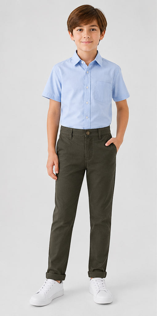 LIUMI Boys Classic Cotton Chino Trousers in Army Green — front view, worn with a light blue school shirt