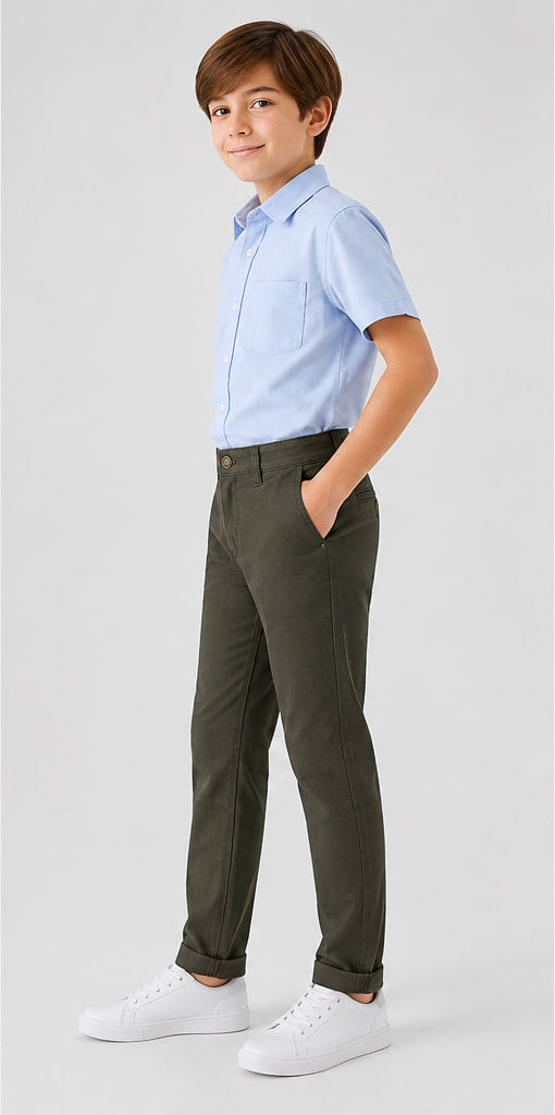 LIUMI Boys Classic Cotton Chino Trousers in Army Green — side view, worn with a light blue school shirt