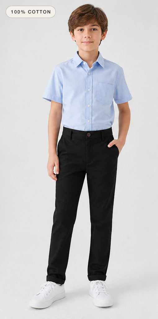 LIUMI Boys Classic Cotton Chino Trousers in Black — front view, worn with a light blue school shirt