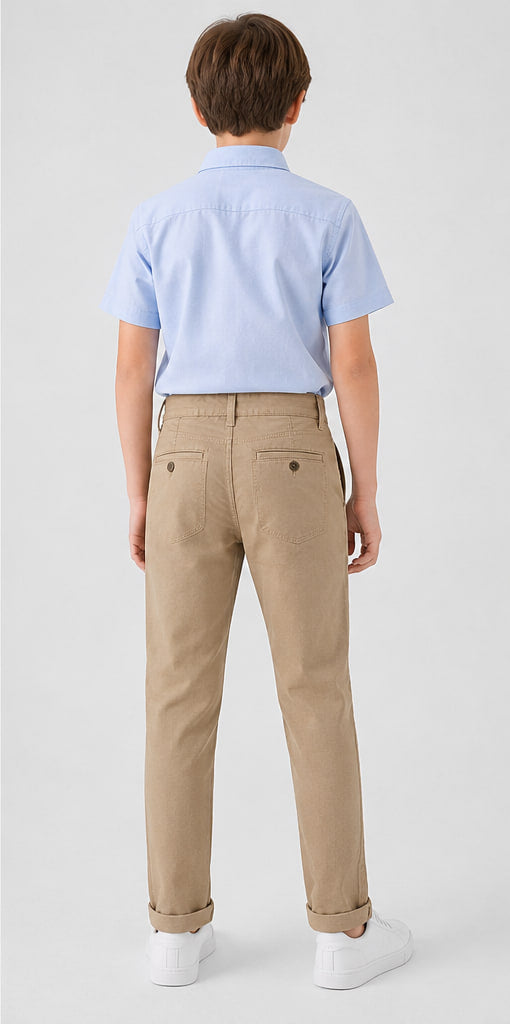 LIUMI Boys Classic Cotton Chino Trousers in Khaki — back view, worn with a light blue school shirt