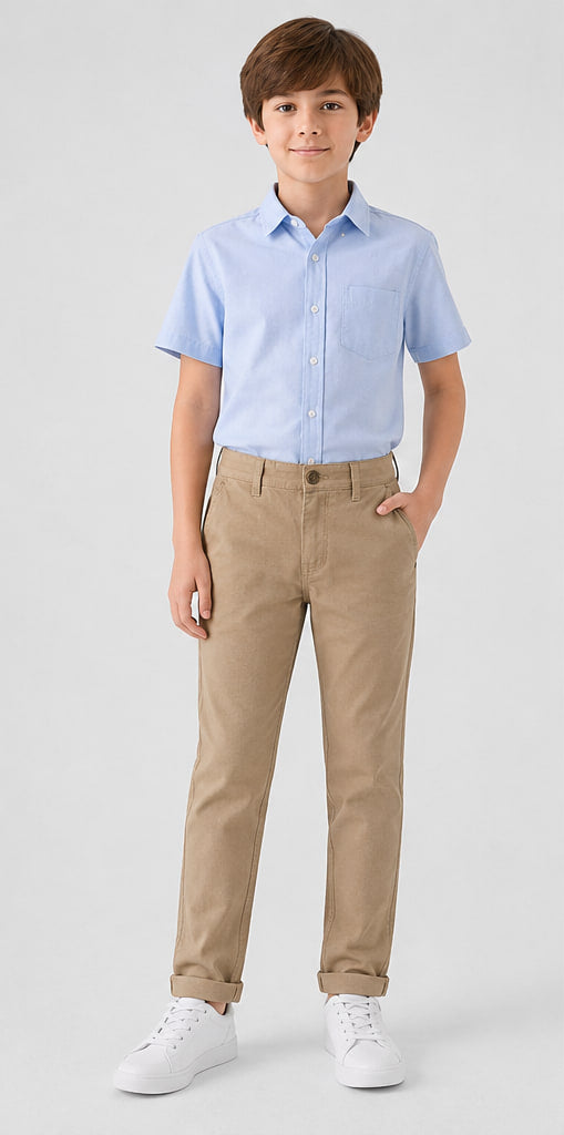 LIUMI Boys Classic Cotton Chino Trousers in Khaki — front view, worn with a light blue school shirt
