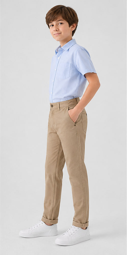 LIUMI Boys Classic Cotton Chino Trousers in Khaki — side view, worn with a light blue school shirt