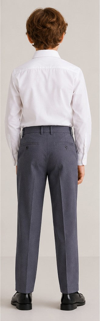 LIUMI Kids Boys' School Trousers in Gray — back view, worn with a white school shirt