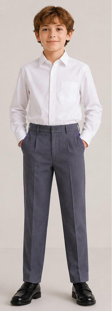 LIUMI Kids Boys' School Trousers in Gray — front view, worn with a white school shirt