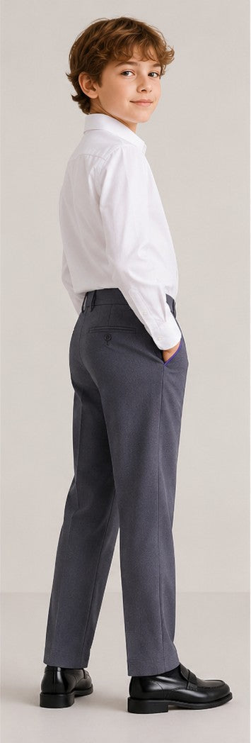 LIUMI Kids Boys' School Trousers in Gray — side view, worn with a white school shirt
