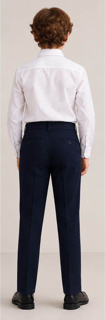 LIUMI Kids Boys' School Trousers in Navy — back view, worn with a white school shirt