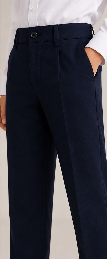 LIUMI Kids Boys' School Trousers in Navy — waistband and side pocket detail close-up