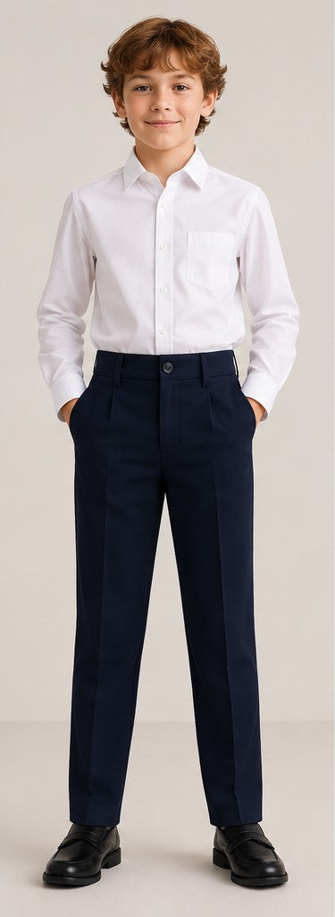 LIUMI Kids Boys' School Trousers in Navy — front view, worn with a white school shirt