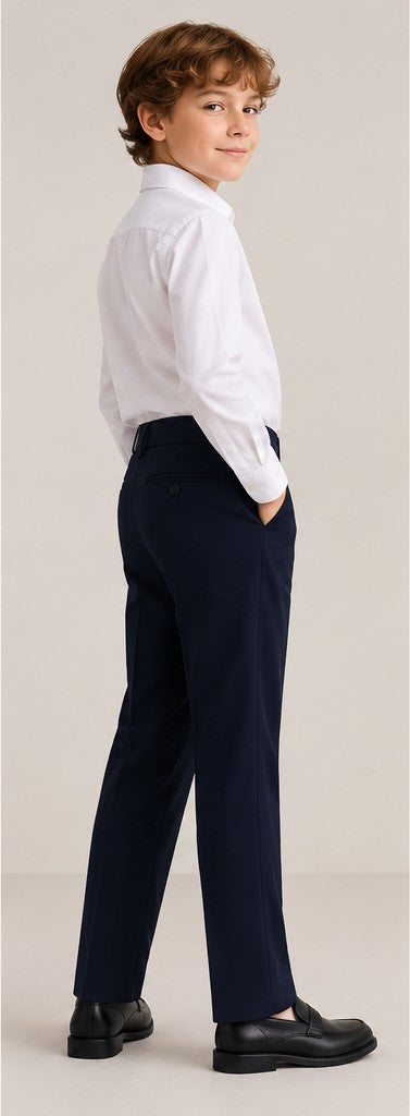 LIUMI Kids Boys' School Trousers in Navy — side view, worn with a white school shirt