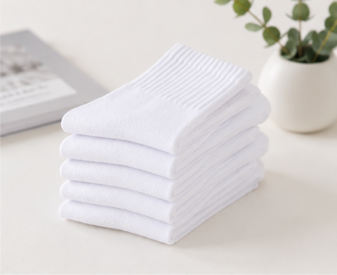 Neatly folded LIUMI Kids white school socks stacked to show the soft cotton-rich knit — multiple pairs shown for presentation only