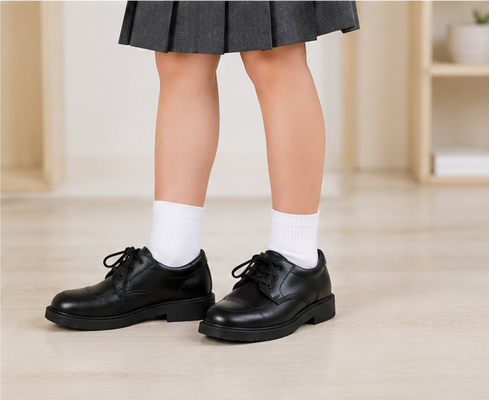 Child wearing LIUMI Kids white school socks with black school shoes and a grey pleated uniform skirt