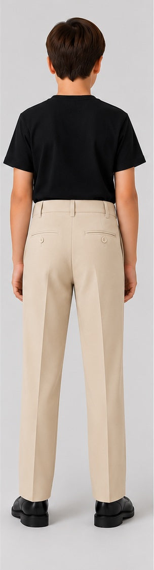 LIUMI Kids Classic School Suit Trousers in Beige — back view, worn with a black t-shirt
