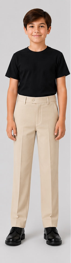 LIUMI Kids Classic School Suit Trousers in Beige — front view, worn with a black t-shirt