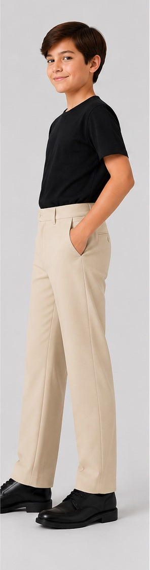 LIUMI Kids Classic School Suit Trousers in Beige — side view, worn with a black t-shirt