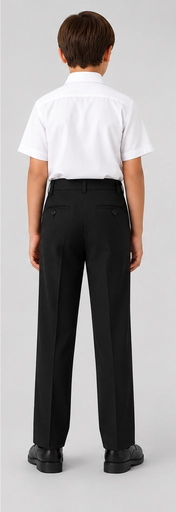 LIUMI Kids Classic School Suit Trousers in Black — back view, worn with a white school shirt