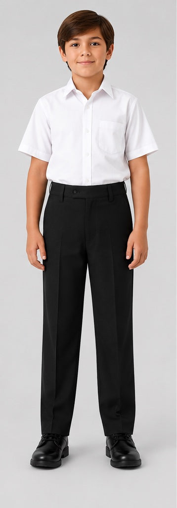 LIUMI Kids Classic School Suit Trousers in Black — front view, worn with a white school shirt
