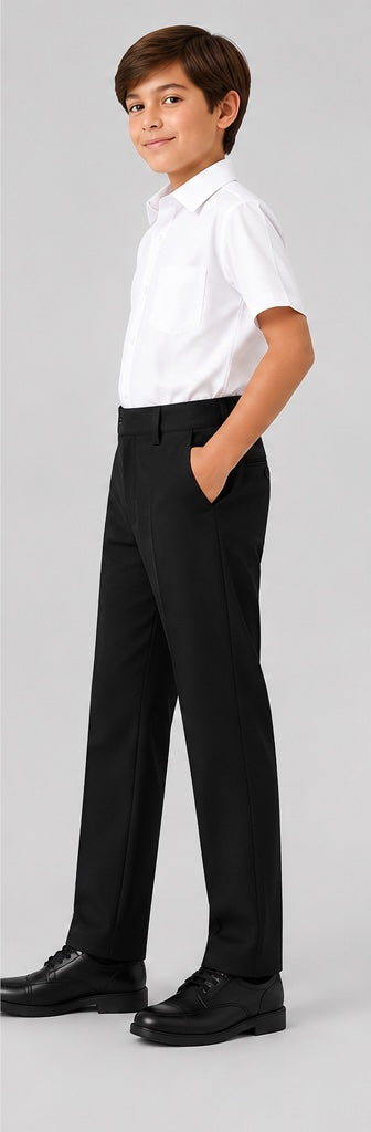 LIUMI Kids Classic School Suit Trousers in Black — side view, worn with a white school shirt