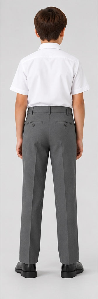 LIUMI Kids Classic School Suit Trousers in Grey — back view, worn with a white school shirt