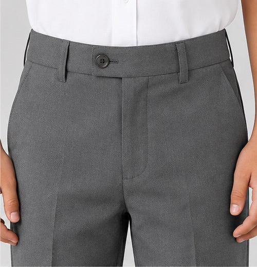LIUMI Kids Classic School Suit Trousers in Grey — front waistband and pocket detail