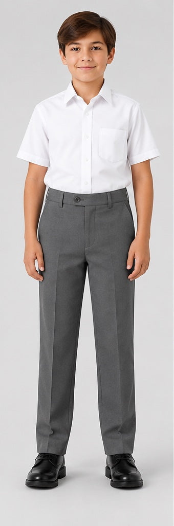 LIUMI Kids Classic School Suit Trousers in Grey — front view, worn with a white school shirt