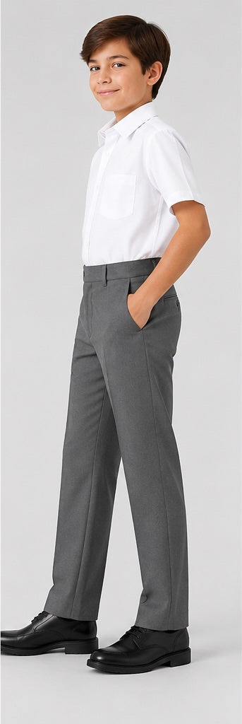 LIUMI Kids Classic School Suit Trousers in Grey — side view, worn with a white school shirt