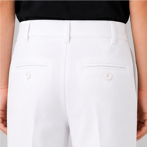 LIUMI Kids Classic School Suit Trousers in White — back welt pocket detail