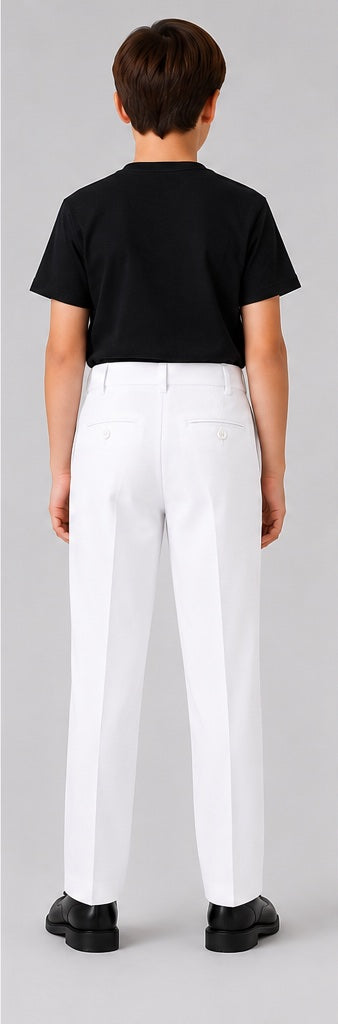 LIUMI Kids Classic School Suit Trousers in White — back view, worn with a black t-shirt